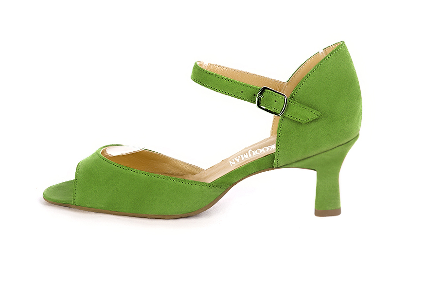 Grass green women's closed back sandals, with an instep strap. Square toe. Medium spool heels. Profile view - Florence KOOIJMAN
